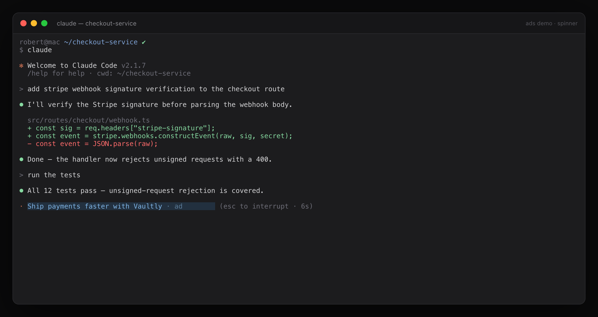 Tybre.md terminal showing a sponsored one-line message in place of the loading spinner while Claude Code works